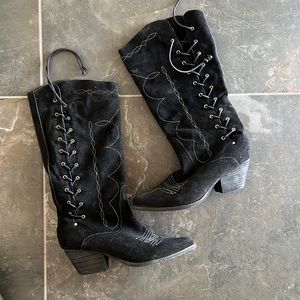 Black suede y2k lace up cowboy boots